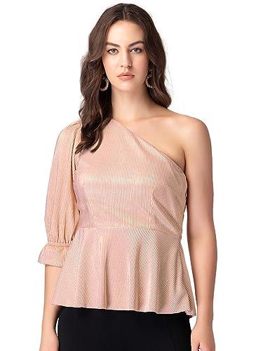 faballey women's self design regular fit light pink pleated one shoulder peplum top (top06826