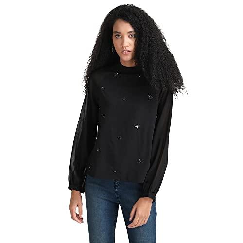 kazo embellished satin high neck women's top (black,large)