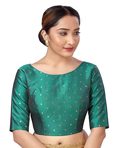 studio shringaar women silky brocade readymade elbow length sleeves saree blouse(rama green, 40)