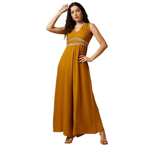 drape and dazzle women mustard v' neck solid flare jumpsuit with embellishment jumpsuit for women | dd-100-mustard- m