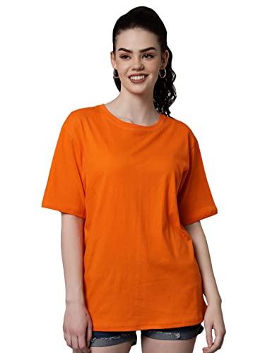 funday fashion women's pure cotton casual oversized round neck drop shoulder tshirt (x-large, orange)