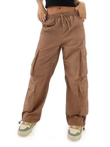 the souled store brown women & girls drawstring toggle leg closure solid nylon parachute pants