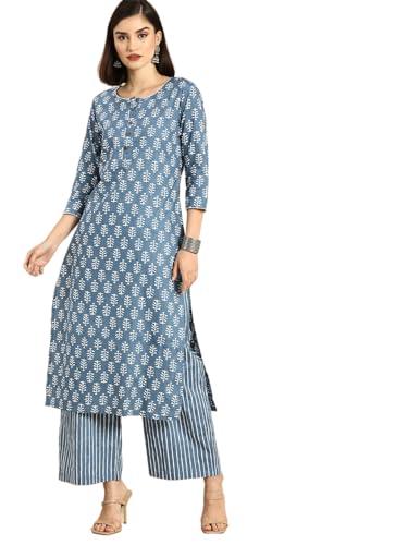 meera fab women's cotton printed floral straight kurta with palazzo grey