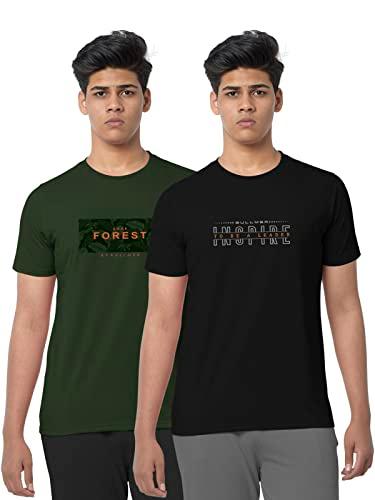 bullmer trendy typographic printed round neck half sleeve tshirts for men - pack of 2 - olive/black - large