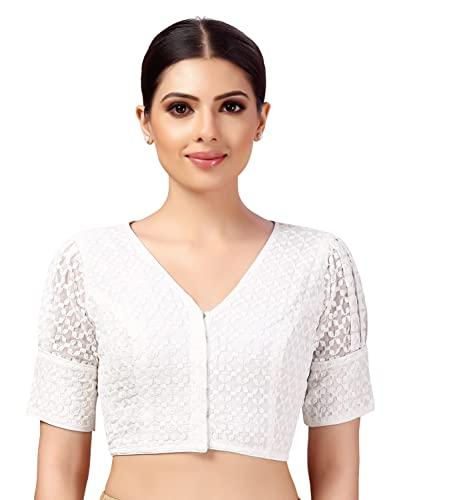 studio shringaar women's georgette puff sleeves chikankari saree blouse(white, 40)