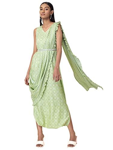 indya women's green jumpsuit foil belted with attached dupatta