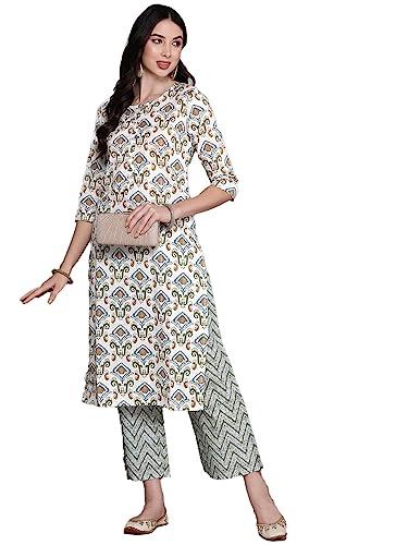 anubhutee women's pure cotton ethnic motifs printed off-white straight kurta suit set with trousers