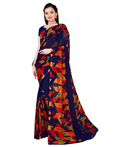 florence women's navy blue georgette floral printed saree with unstitched blouse(fl-georgette64)