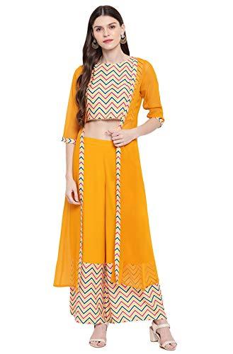 janasya women's yellow poly crepe chevron/zig zag crop top with palazzo and jacket(set252-kr-pp-xs)