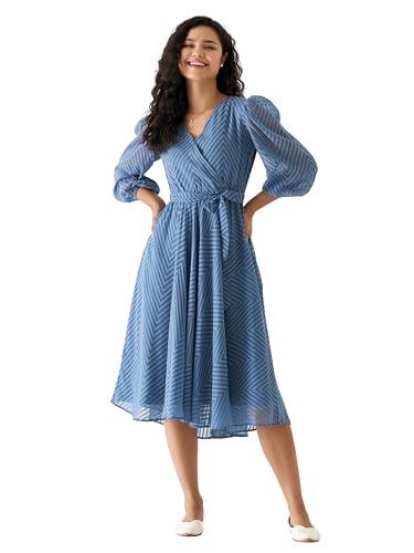 aask women knee length fancy plain & solid greyish blue color dress for women(large)