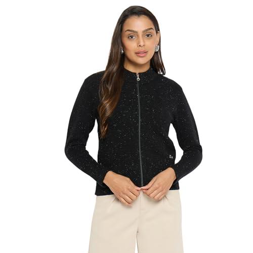 duke stardust women full sleeve round neck zipper cardigan (sds1006r_black_m)