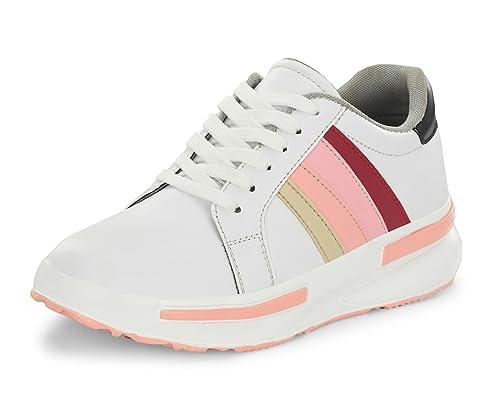 mactree pink polyurethane (pu) mid top lace up slip resistant sneakers for women - 8 uk