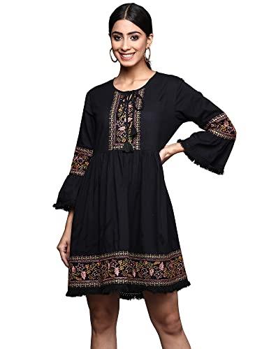 indo era women's cotton embroidered a-line ethnic tunic kurta (ed0bk8918m_black_m-size)