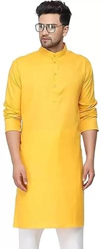 anujfh men's cotton blend yellow haldi special kurta (xs - (34))