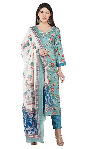 ratan women cotton blend kurta palazzo with dupatta set (et3504_s_olive_s)