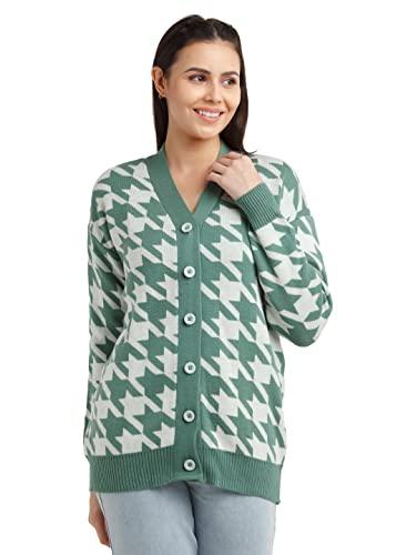 zink london women's green & white houndstooth regular cardigan