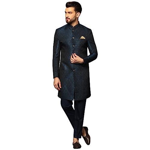 kisah men's royal blue indo western sherwani trousers set, cotton full sleaves, knee length, straight, regular fit, mandarin collar ethnic wear (40)