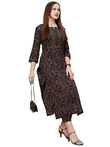 anni designer women's cotton blend printed straight kurta with pant (end blue_m_blue_medium)