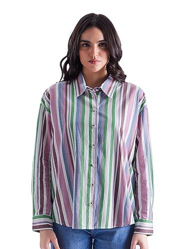 the souled store stripes: rainbow womens oversized fit solid full sleeve cotton multicolored women boyfriend shirts shirts casual button-down half sleeve printed graphic short sleeve casual workwear