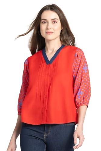 shaye v-neck red printed three-quarter sleeves casual tops for women