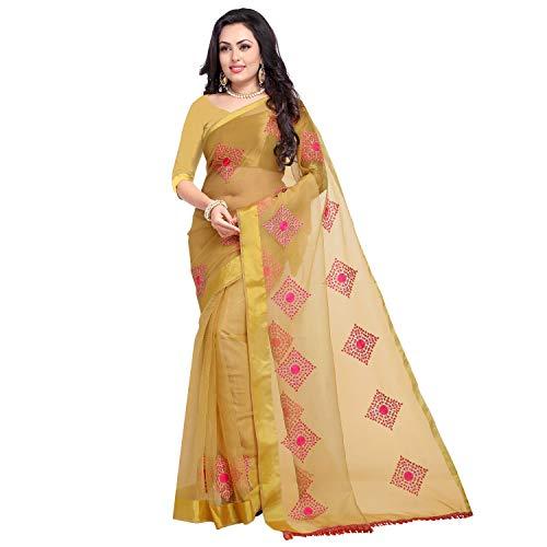 sidhidata women's organza embroidered work saree with unstitched blouse piece (chiku-rani_free size)