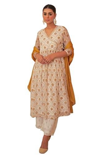 janasya women's white chiffon lurex floral printed kurta with palazzo and dupatta(set750-kr-pp-l)