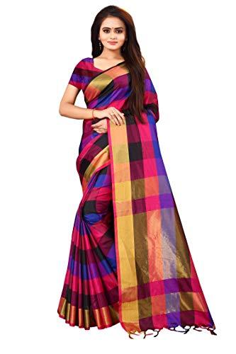 dhruvi trendz women's banarasi cotton & silk saree with blouse piece (dt-s1279_pink_one size_blue)