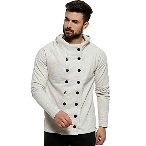 campus sutra men’s grey solid cotton jacket regular fit for casual wear | collar with hoodie | double breasted crafted with comfort fit for everyday wear