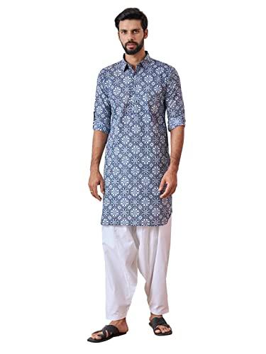 see designs men spread collar indigo regular pure cotton pathani full sleeve kurta with white salwar - sd2mpkt_116303m