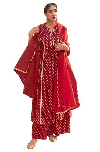 janasya women's maroon georgette foil motif printed kurta with palazzo and dupatta(set816-kr-pp-4xl)