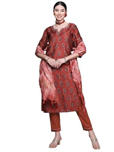 anubhutee women's cotton maroon ethnic motifs printed straight kurta suit set with pants and dupatta