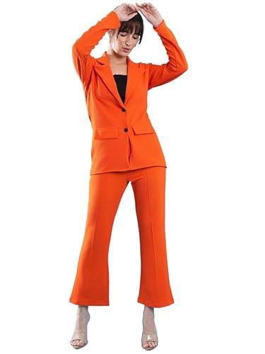 selvia co-ord set for women|collared neck co-ord set for women| blazer and trouser|solid co-ord set|coat and pant|2 piece|formal co-ord set for women| lycra co-ord set (634ctk11256n-l_orange)