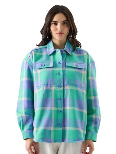 the souled store plaid: grapemist and white women shackets shackets casual plaid oversized quilted winter flannel sherpa-lined stylish fashion trendy classic checkered cozy button-up utility