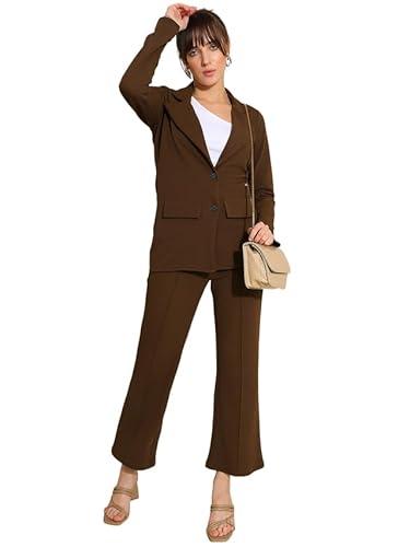 selvia co-ord set for women|collared neck co-ord set for women| blazer and trouser|solid co-ord set|coat and pant|2 piece|formal co-ord set for women| lycra co-ord set (634ctk11252n-s_brown)