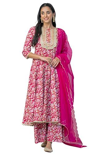 janasya women's pink cotton foil floral printed kurta with palazzo and dupatta(set832-kr-pp-tj-7xl)