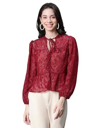 oxolloxo women maroon lurex print round neck with tie-knot long sleeve top