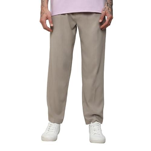 campus sutra men's oatmeal beige solid tailored trousers for casual wear | 4 pockets | regular fit | drawstring closure | trousers crafted with comfort fit for everyday wear