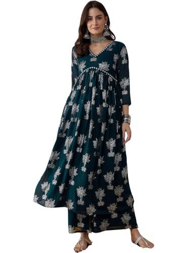 rytras women's printed alia cut kurta and palazzos set (green,s)