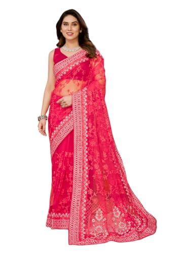 vairagee women embellished soft net bright pink floral pattern emroidery saree (6213_4)