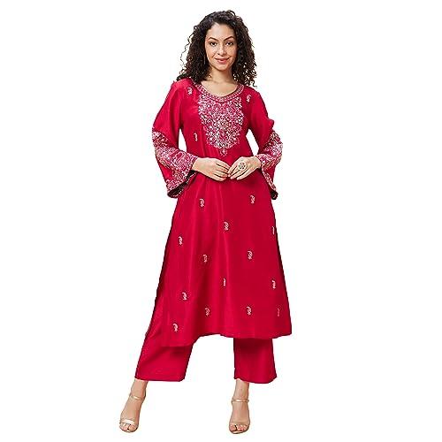 globus women red embroidered v-neck yoke gota patti flared sleeves festive a-line kurta set with trouser-3638464002