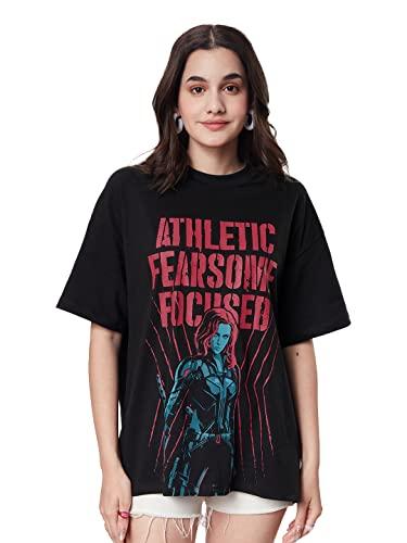 the souled store| official black widow: fearsome women and girls t-shirts|half|oversized fit graphic printed|100% cotton black color women oversized t-shirts oversized t shirts for women