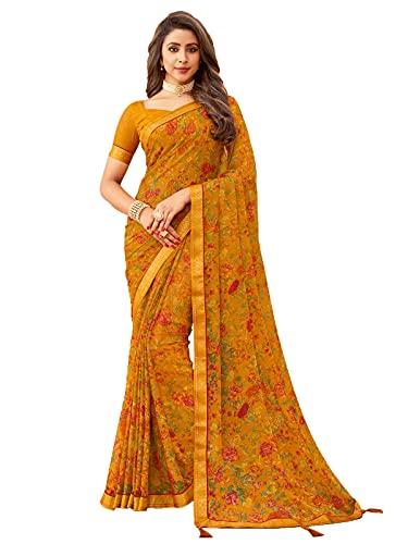 siril women's floral printed chiffon saree with blouse(1976s513_turmeric yellow & multi)