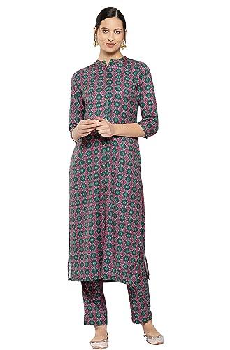 janasya women's multicolor moss ethnic motifs kurta with pant(set724-kr-np-m)