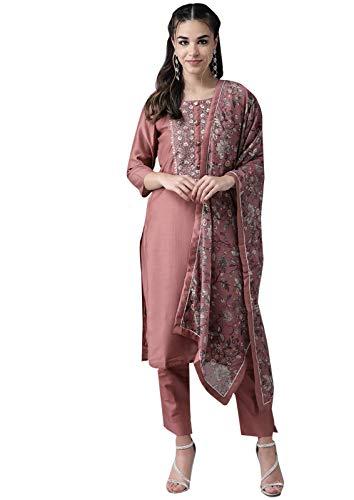 ishin women's silk blend mauve embroidered a-line kurta set with trouser and dupatta