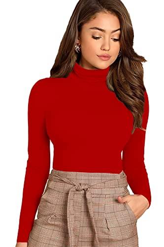 gespo women's solid red high neck full sleeve slim fit top