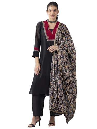 shaye black ethnic v-neck crepe kurta and pant set with dupatta for women