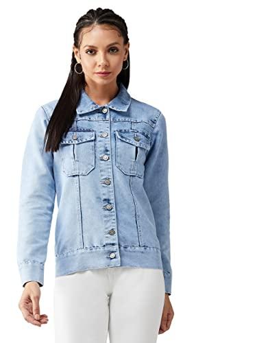 dolce crudo women's light blue collared full sleeves solid buttoned denim jacket (doaw18den05-11-158-04, light blue, m)