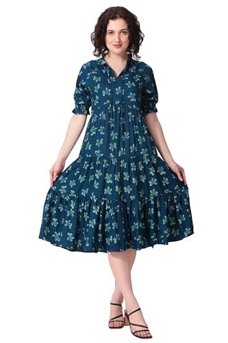 seryeon® ira dress blue block printwomen's frilled neck midi length tiered dressstylish outdoor wear a-line dress - xl