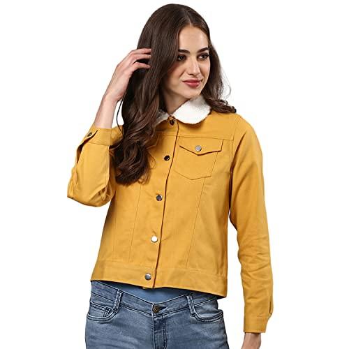 campus sutra women’s mustard denim cotton jacket regular fit for casual wear | fleece standing collar | single-breasted | jacket crafted with comfort fit & high performance for everyday wear