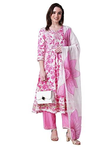 amayra women's rayon embroidery kurti with palazzos and dupatta set(pink,m)